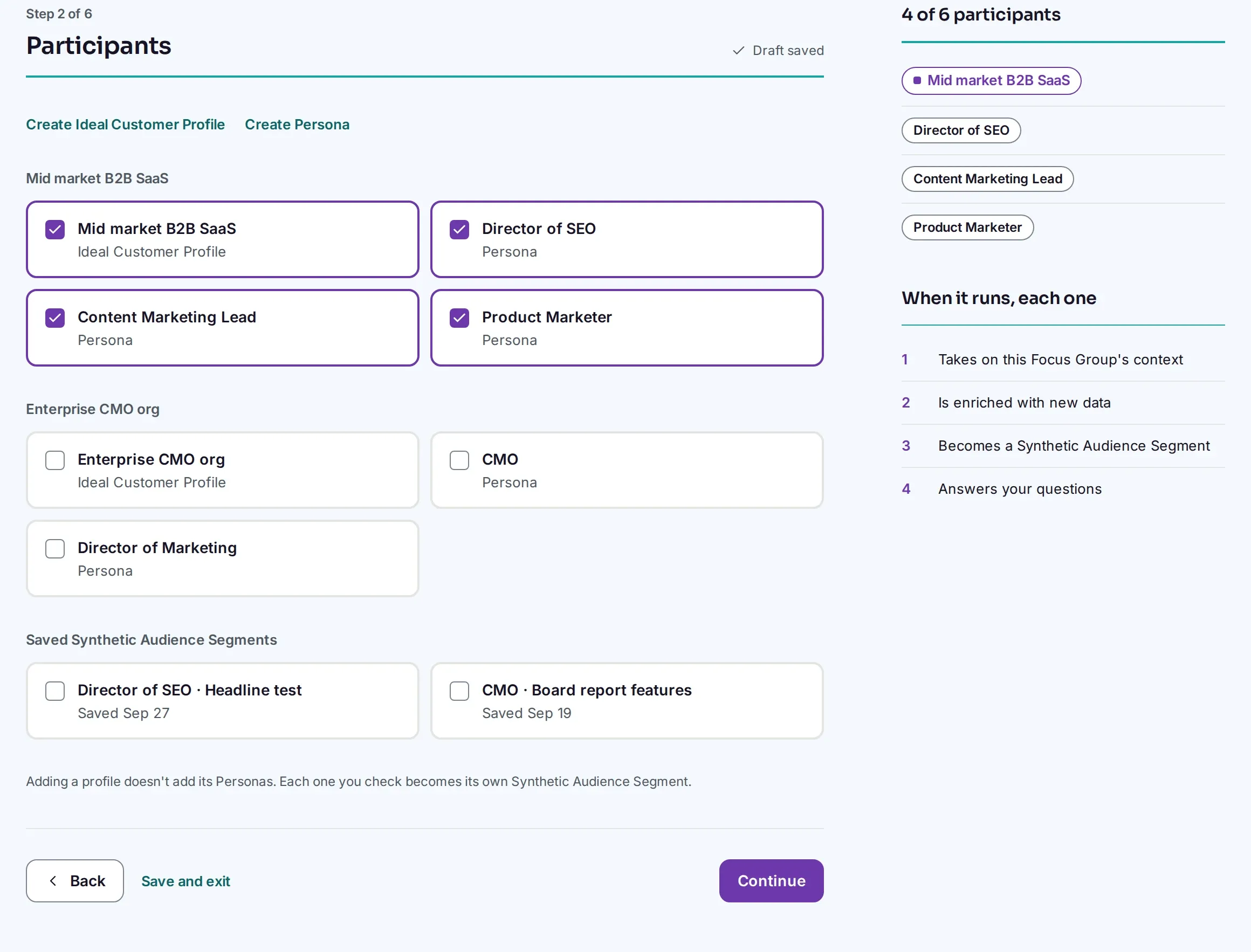 Choosing a Focus Group's participants from Ideal Customer Profiles, Personas and saved Synthetic Audience Segments.