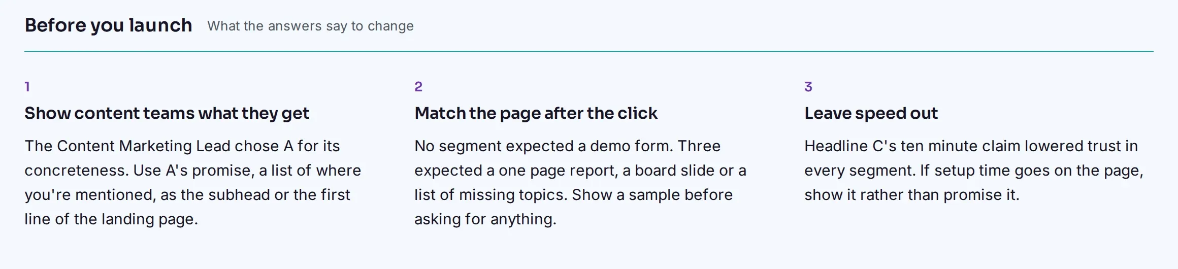 Three changes a Focus Group recommends before launch, each with the reason from the answers.