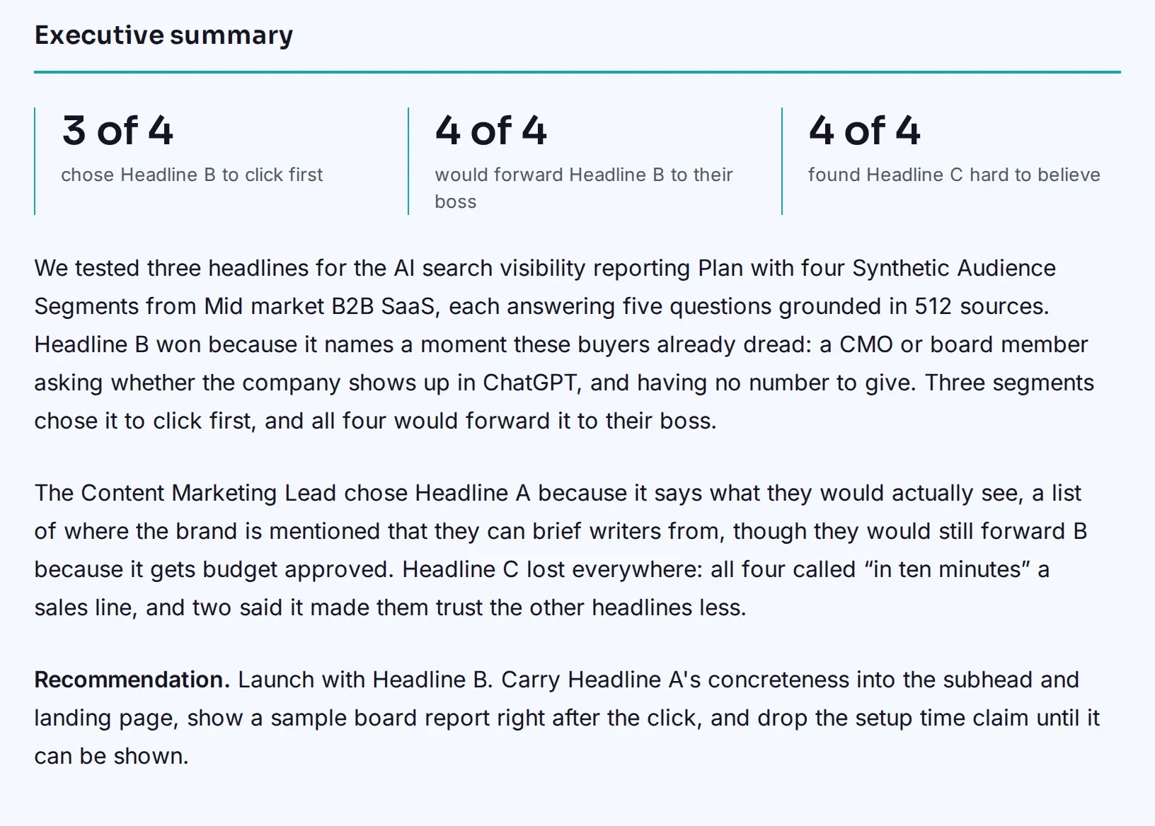 A Focus Group report's executive summary: 3 of 4 segments chose Headline B to click first, 4 of 4 would forward it to their boss, with the reason it won and a recommendation.