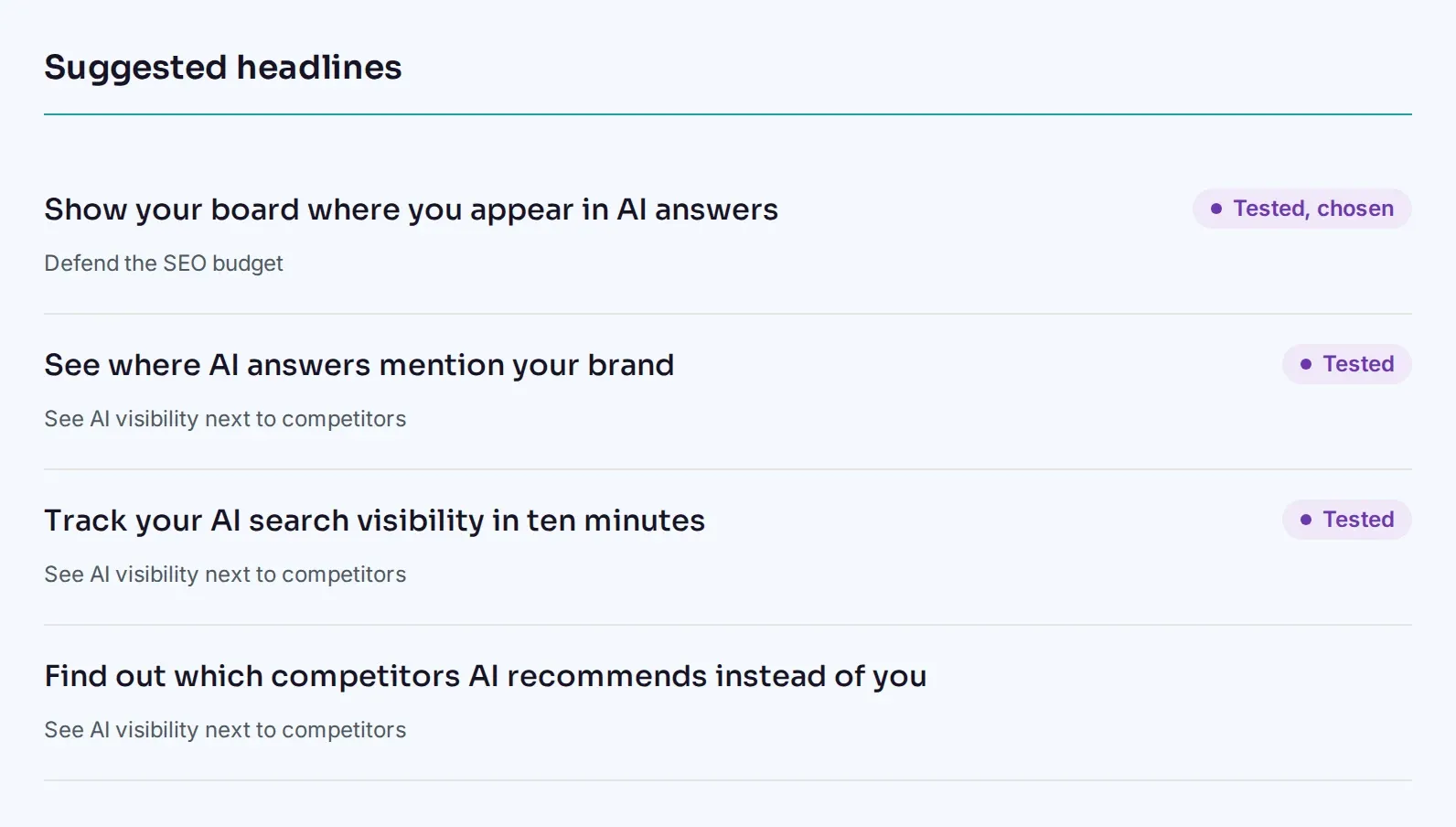A Plan's suggested headlines, each tied to a Customer Mission, with the one chosen after Focus Group testing marked tested and chosen.