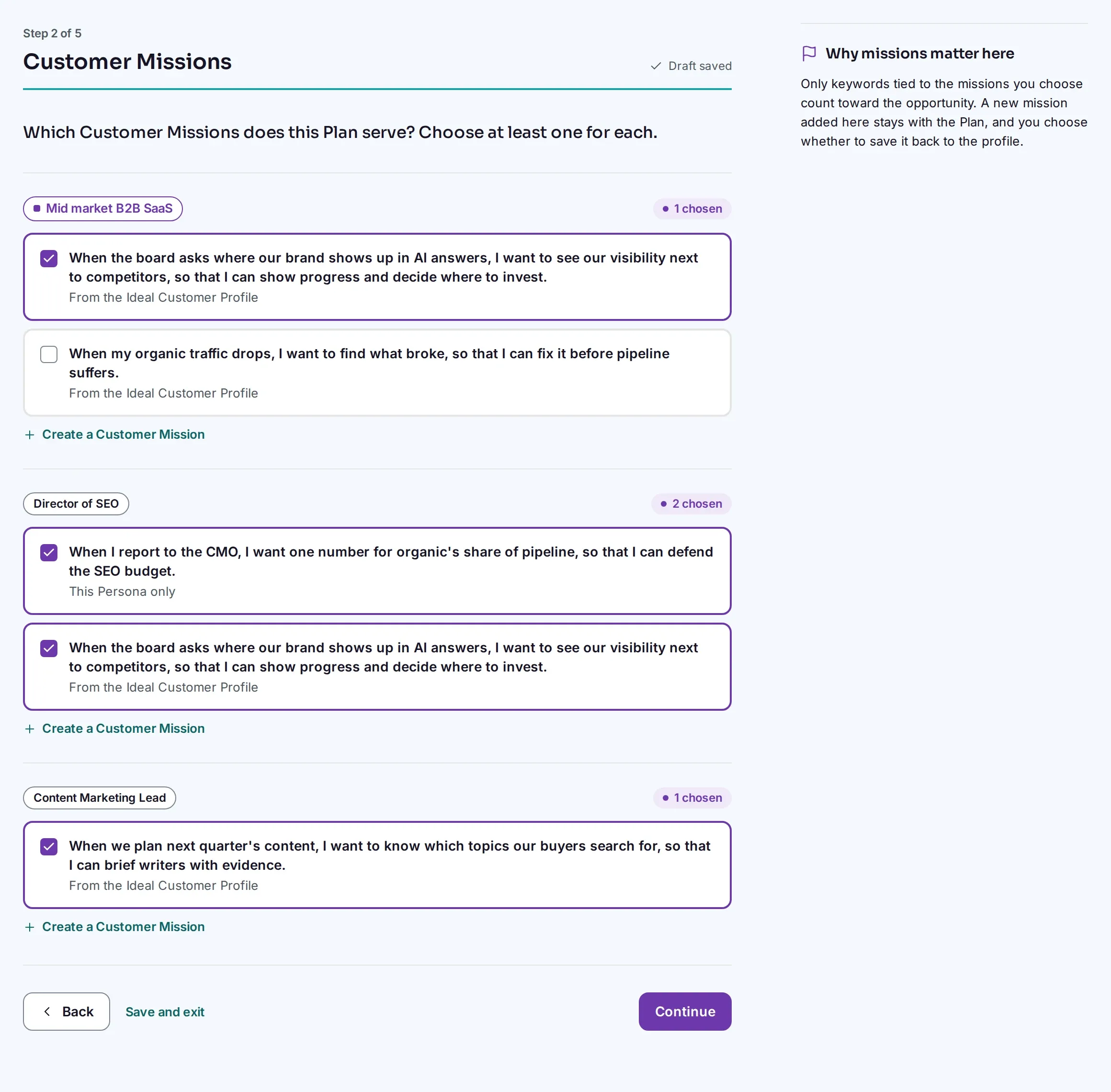 Step two of starting a Plan, choosing which Customer Missions it serves for the Ideal Customer Profile and each of its Personas.