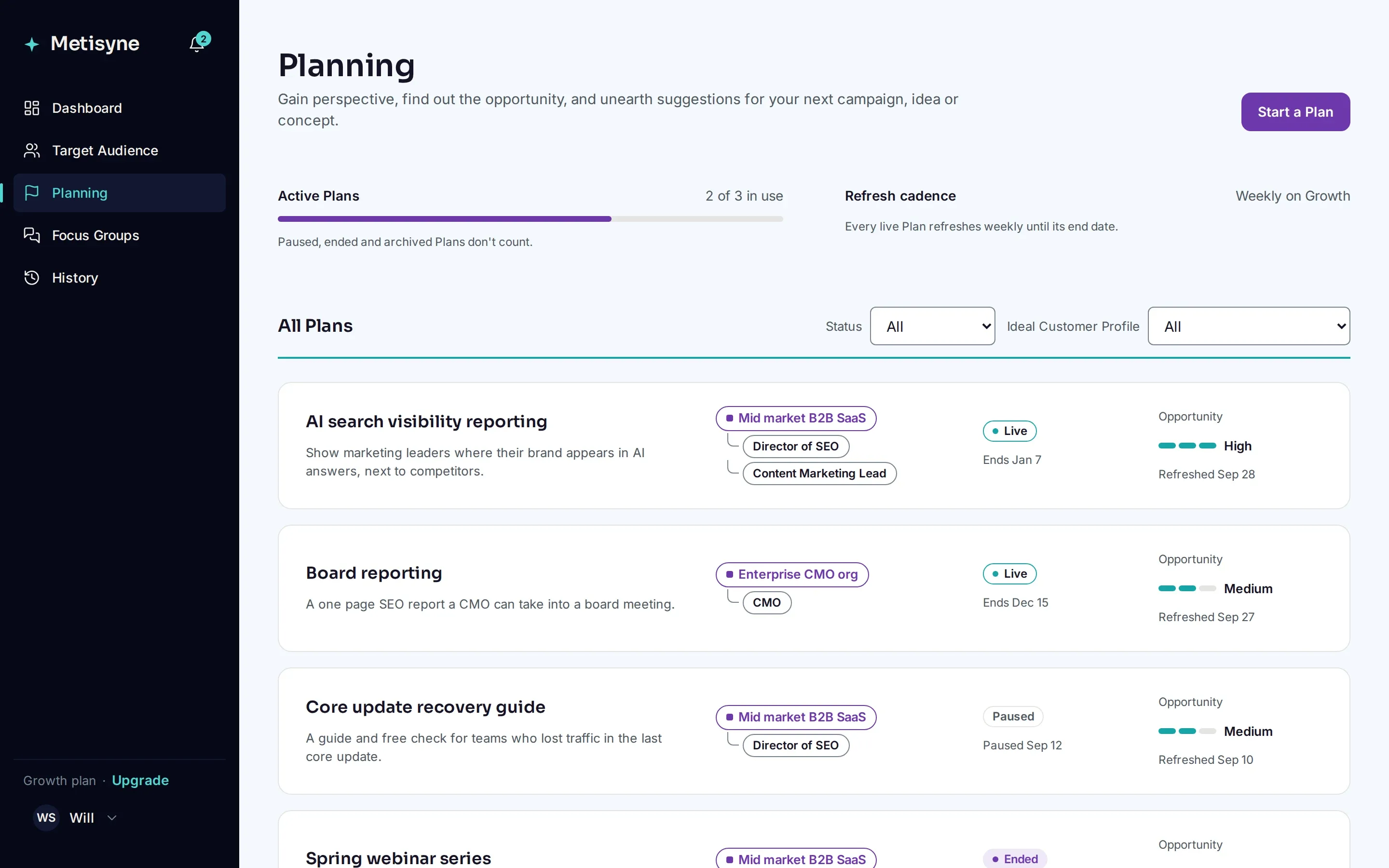 The Planning area, listing Northwind's Plans with the audience each one serves, whether it is live and its opportunity rating.