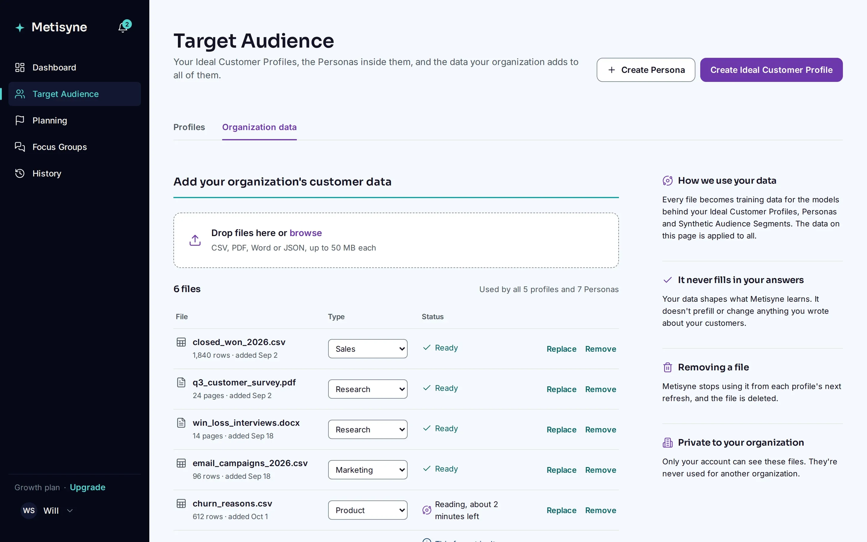The Organization data tab, where you add your own customer files, which apply to every Ideal Customer Profile and Persona and stay private to your organization.